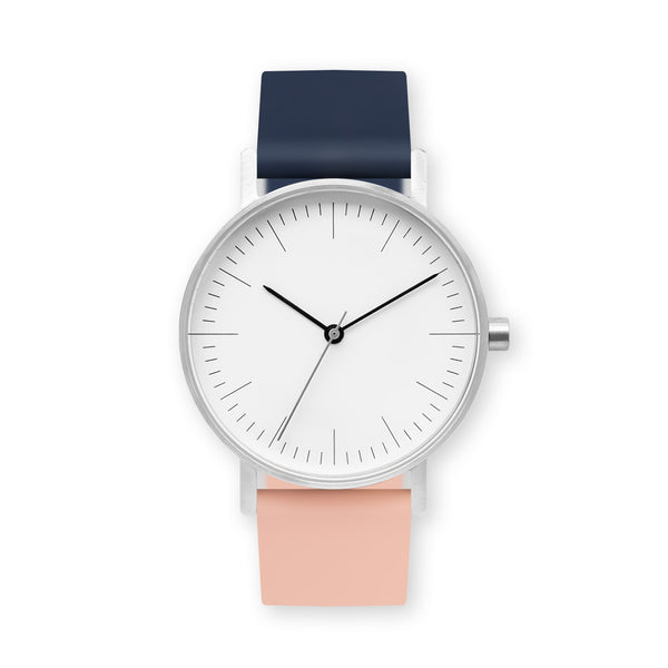 B001 Watch, Silver Case, White Dial, Two-tone Rubber Strap - 1307-Midnight Blue/Nude Pink
