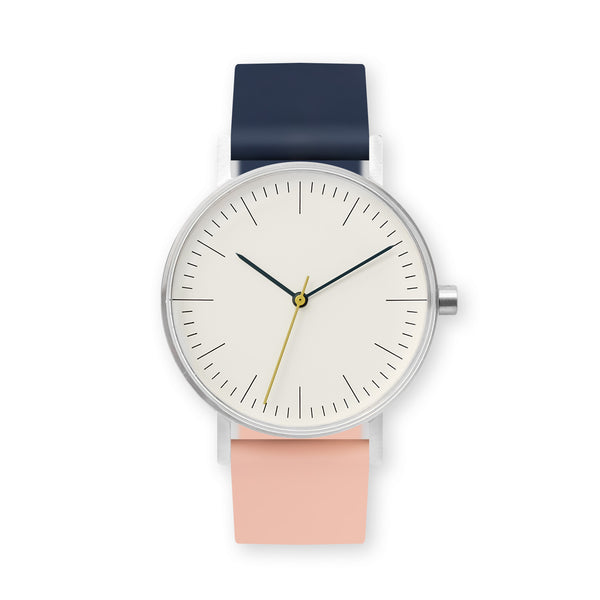 B001 Watch, Silver Case, Off White Dial, Two-tone Rubber Strap - 1307-Midnight Blue/Nude Pink