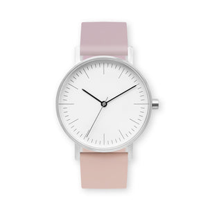 B001 Watch, Silver Case, White Dial, Two-tone Silicone Strap - 1511-Lavender/Pink Sand - BIJOUONE