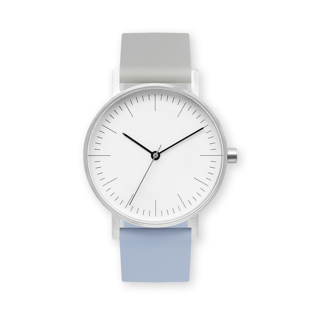 B001 Watch, Silver Case, White Dial, Two-tone Rubber Strap - 1708-Light Gray/Dusty Blue