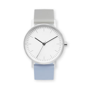 B001 Watch, Silver Case, White Dial, Two-tone Silicone Strap - 1708-Light Gray/Dusty Blue - BIJOUONE