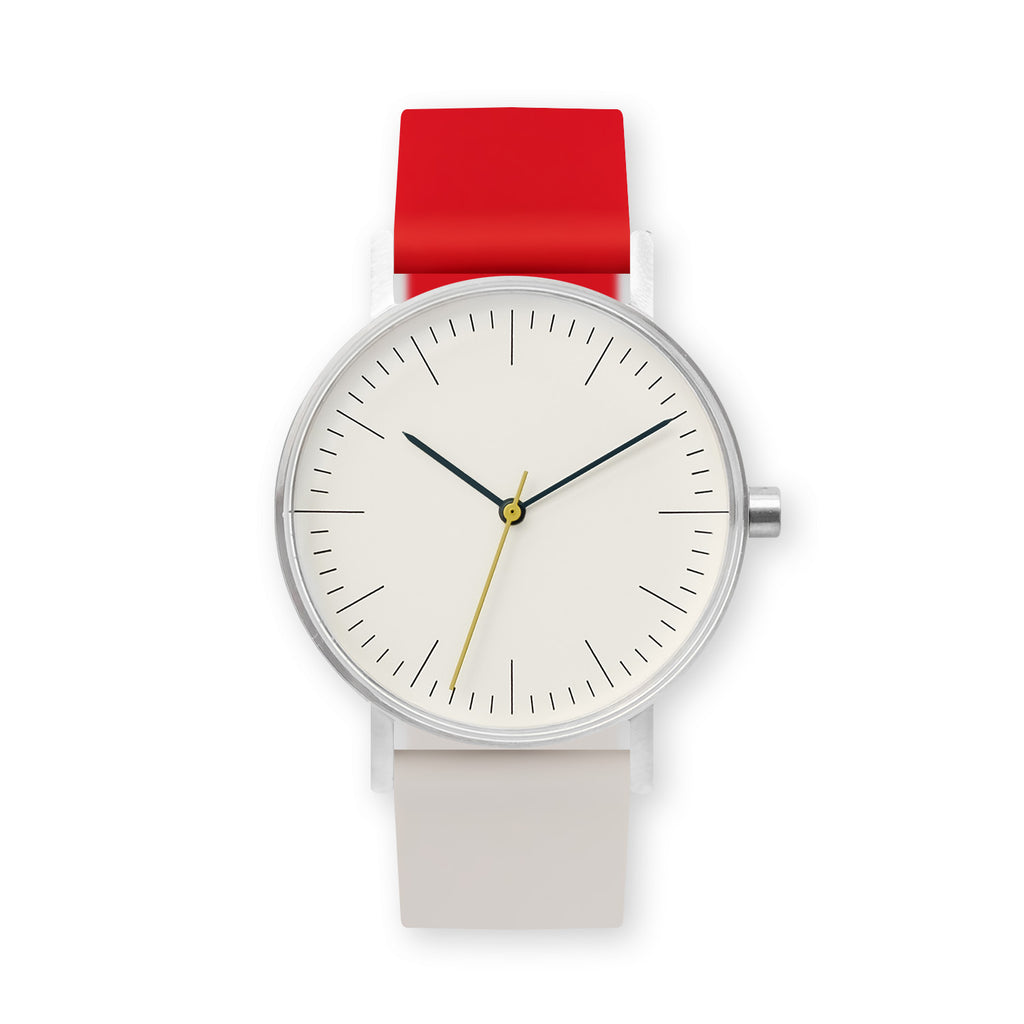 B001 Watch, Silver Case, Off White Dial, Two-tone Rubber Strap - 2105-Red/Iovry