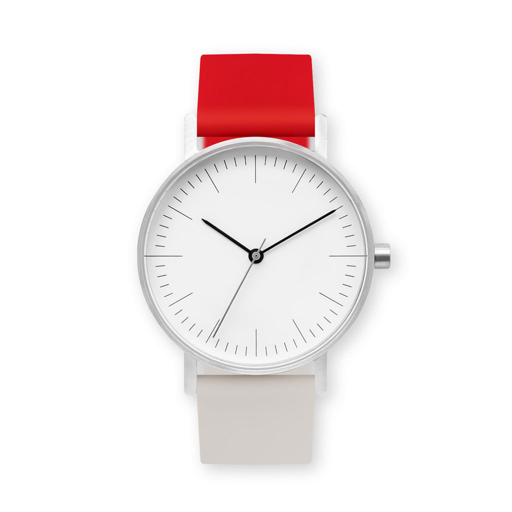 B001 Watch, Silver Case, White Dial, Two-tone Rubber Strap - 2105-Red/Iovry