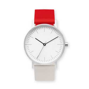 B001 Watch, Silver Case, White Dial, Two-tone Silicone Strap - 2105-Red/Iovry - BIJOUONE