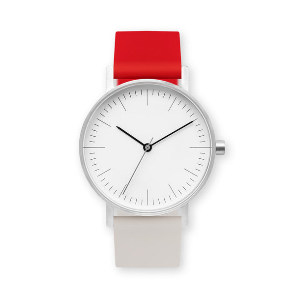 B001 Watch, Silver Case, White Dial, Two-tone Rubber Strap - 2105-Red/Iovry