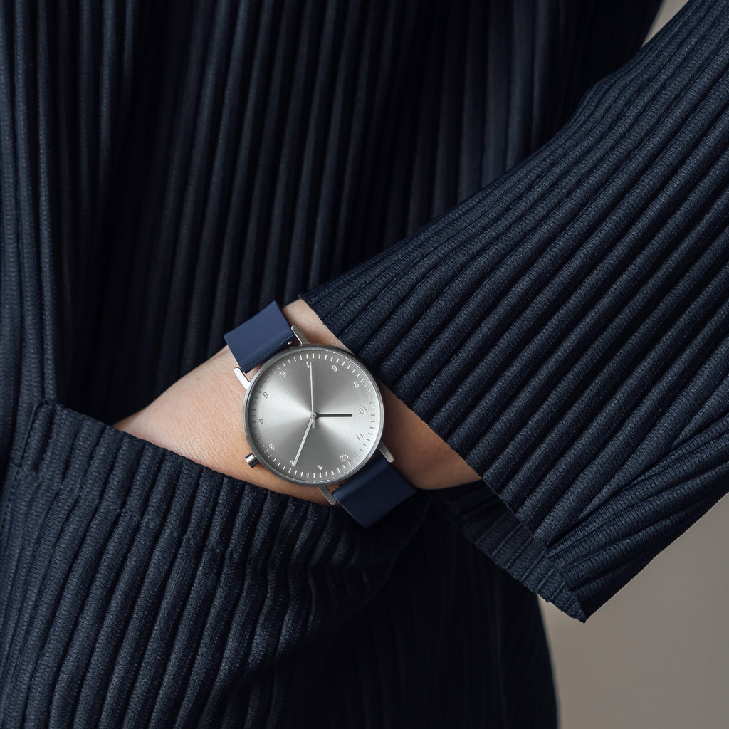 B60 Watch, Silver Case, Silver Dial, Rubber Strap - 0013-Midnight Blue