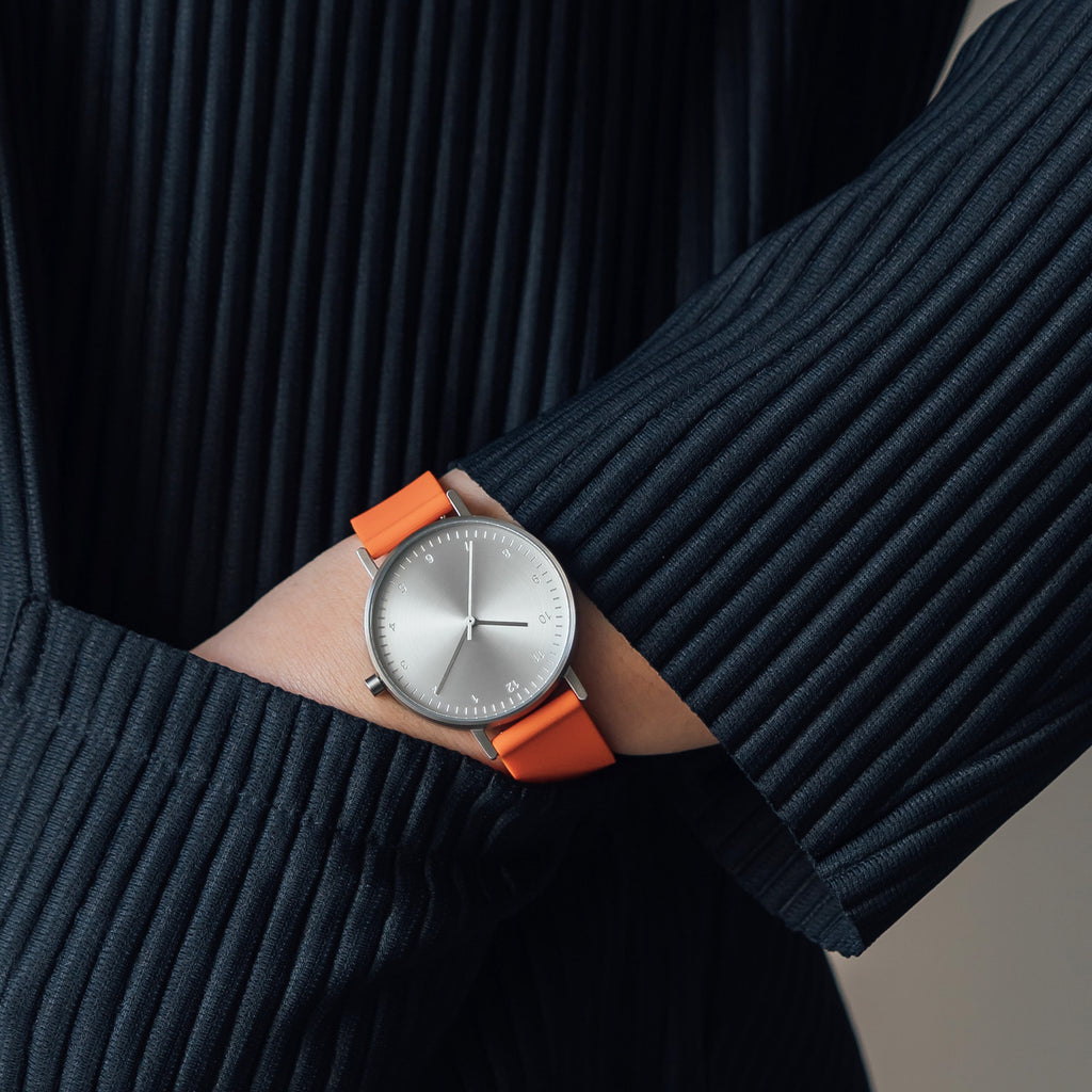 B60 Watch, Silver Case, Silver Dial, Rubber Strap - 0014-Orange