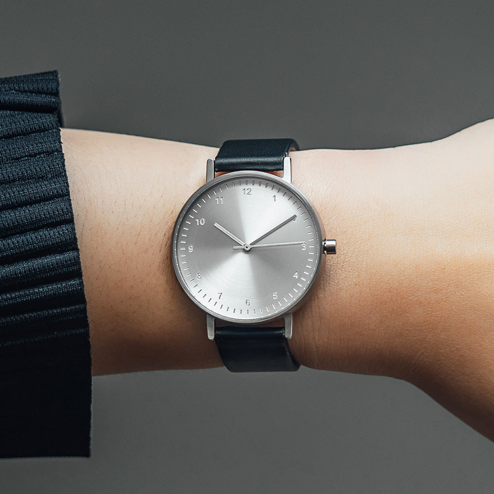 B60 Watch, Silver Case, silver Dial, Leather Strap - Black