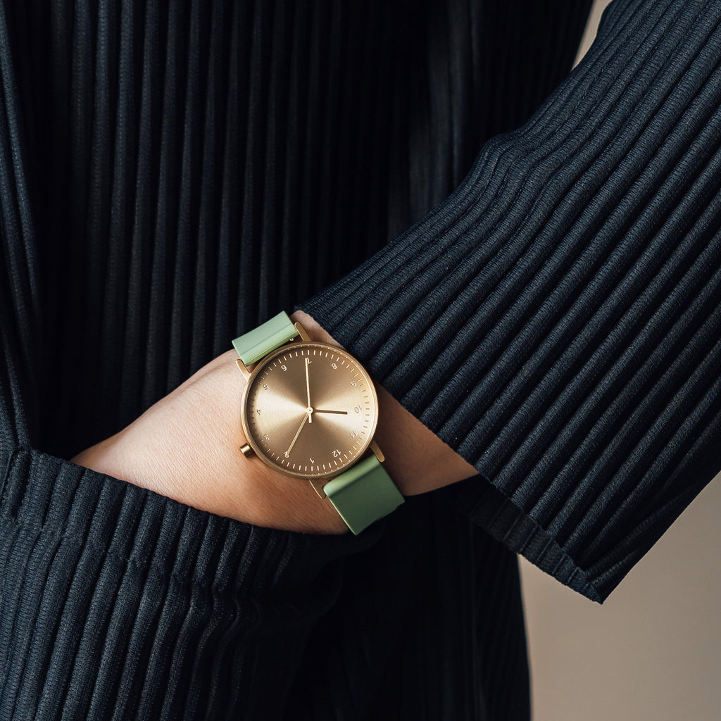 B60 Watch, Gold Case, Gold Dial, Rubber Strap - 0018-Mint Green