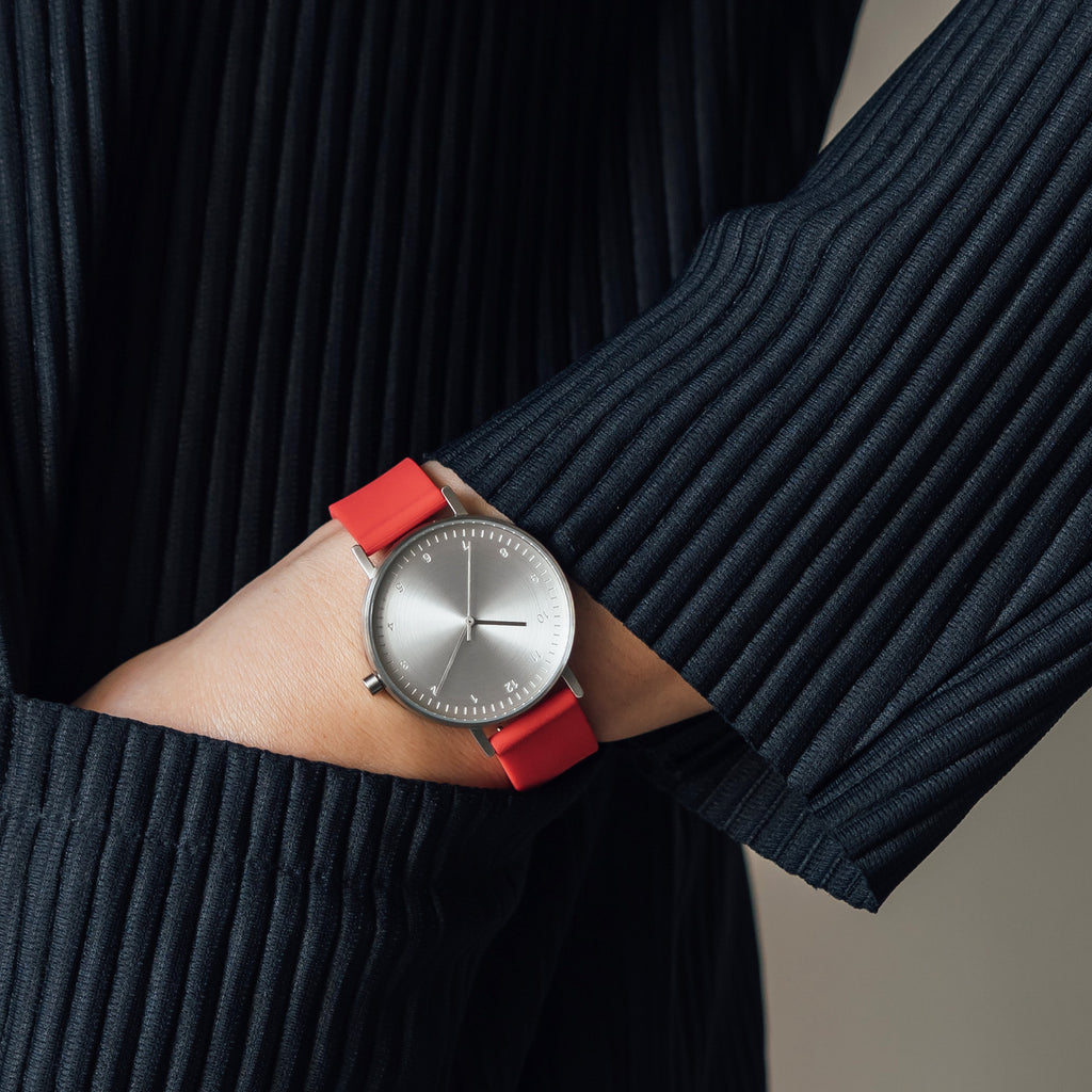 B60 Watch, Silver Case, Silver Dial, Rubber Strap - 0021-Red