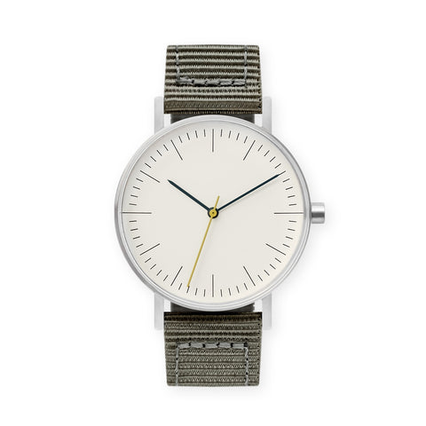 B001 Watch, Silver Case, Off White Dial, Nylon Strap - Gray