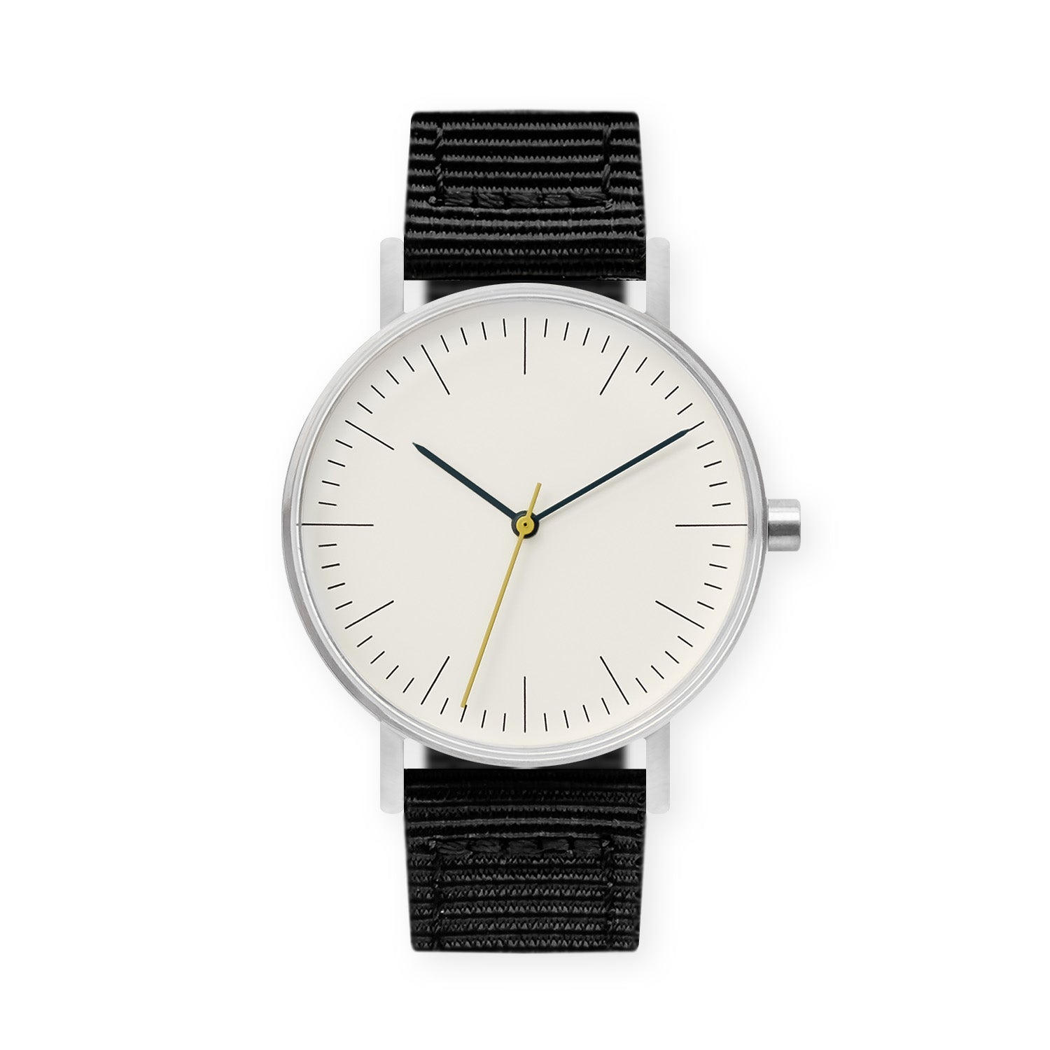 B001 Watch, Silver Case, Off White Dial, Nylon Strap - Black - BIJOUONE