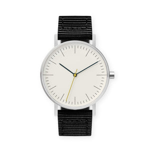 B001 Watch, Silver Case, Off White Dial, Nylon Strap - Black - BIJOUONE
