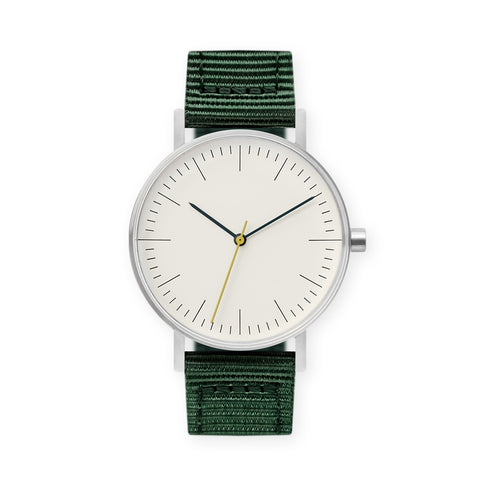 B001 Watch, Silver Case, Off White Dial, Nylon Strap - Green