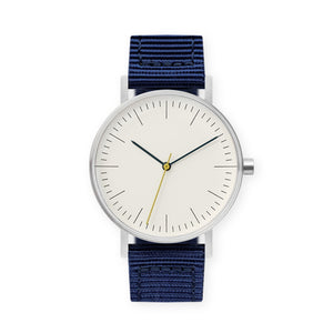 B001 Watch, Silver Case, Off White Dial, Nylon Strap - Navy - BIJOUONE