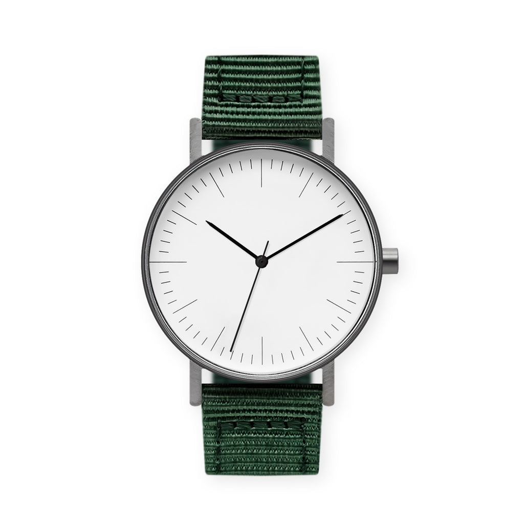 B001 Watch, Gunmetal Case, White Dial, Nylon Strap - Green