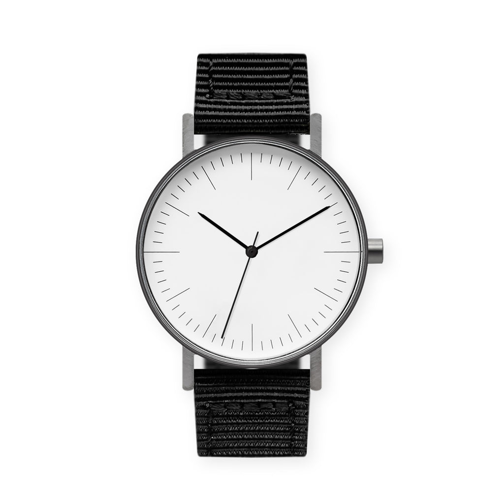 B001 Watch, Gunmetal Case, White Dial, Nylon Strap - Black