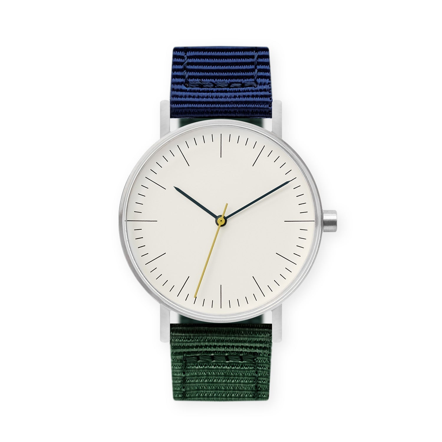 B001 Watch, Silver Case, Off White Dial, Nylon Strap - Green/Navy - BIJOUONE