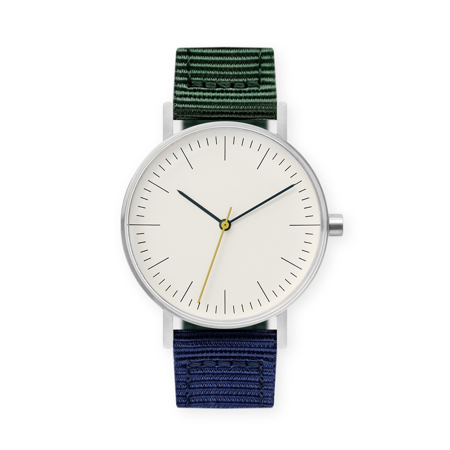 B001 Watch, Silver Case, Off White Dial, Nylon Strap - Green/Navy - BIJOUONE