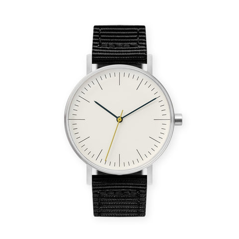 B001 Watch, Silver Case, Off White Dial, Nylon Strap - Black