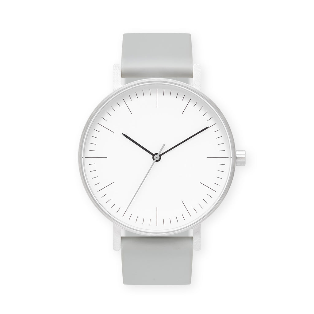 B001 Watch, Silver Case, White Dial, Rubber Strap - 0002-Light Grey