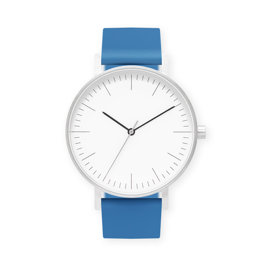 B001 Watch, Silver Case, White Dial, Rubber Strap - 0006-Blue