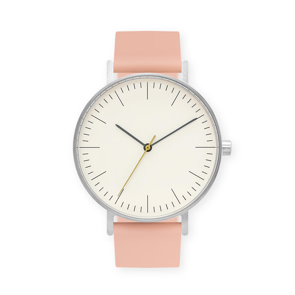 B001 Watch, Silver Case, Off White Dial, Rubber Strap - 0007-Nude Pink