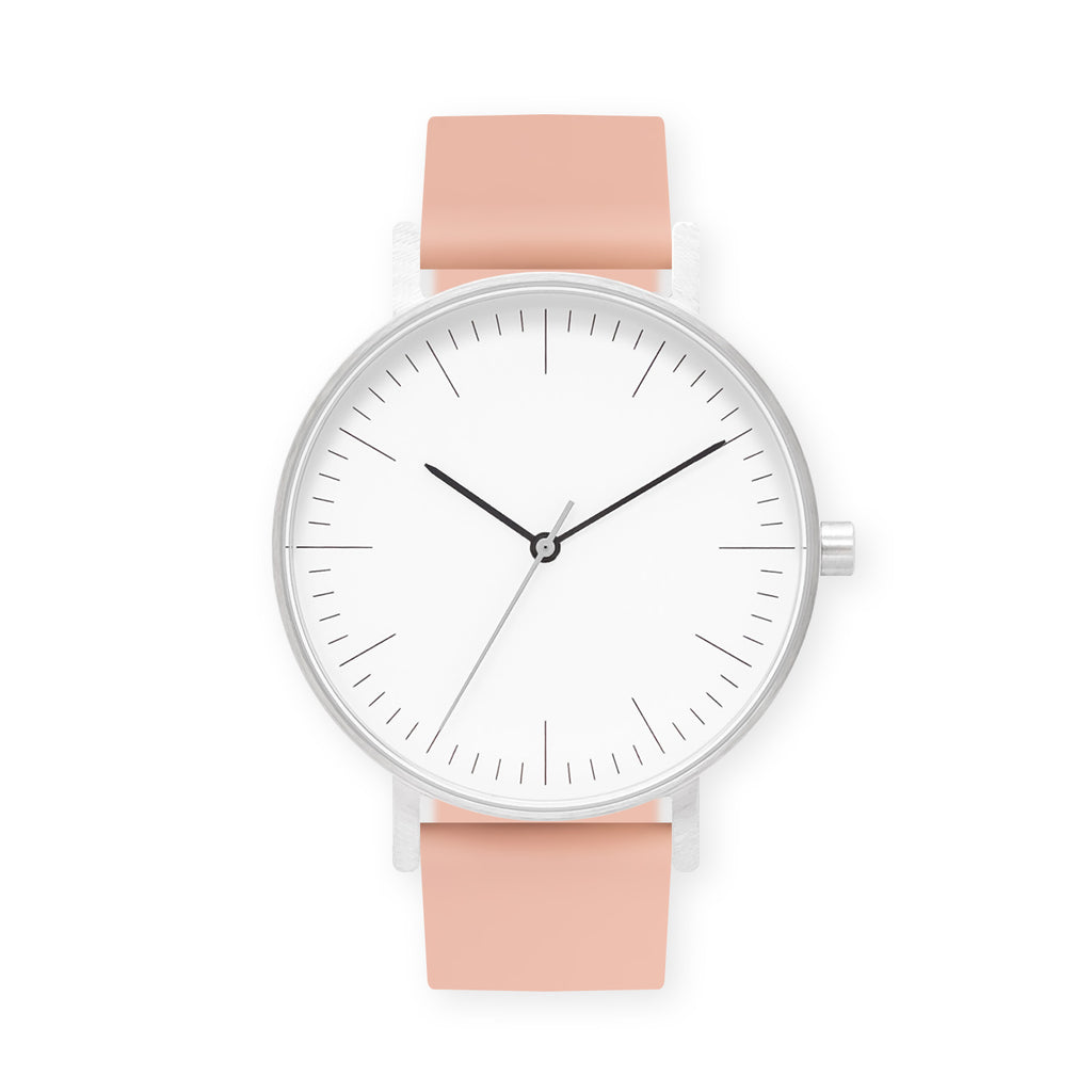 B001 Watch, Silver Case, White Dial, Rubber Strap - 0007-Nude Pink