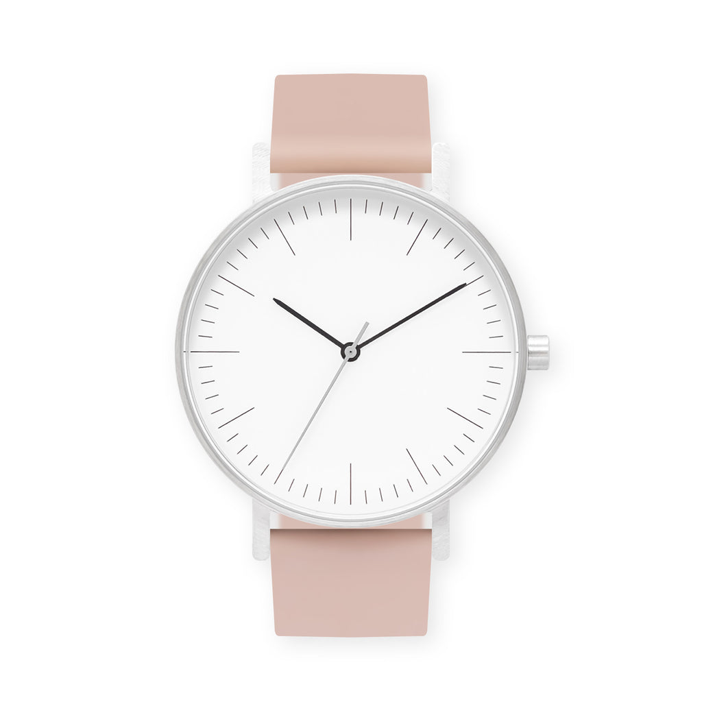 B001 Watch, Silver Case, White Dial, Rubber Strap - 0011-Pink Sand