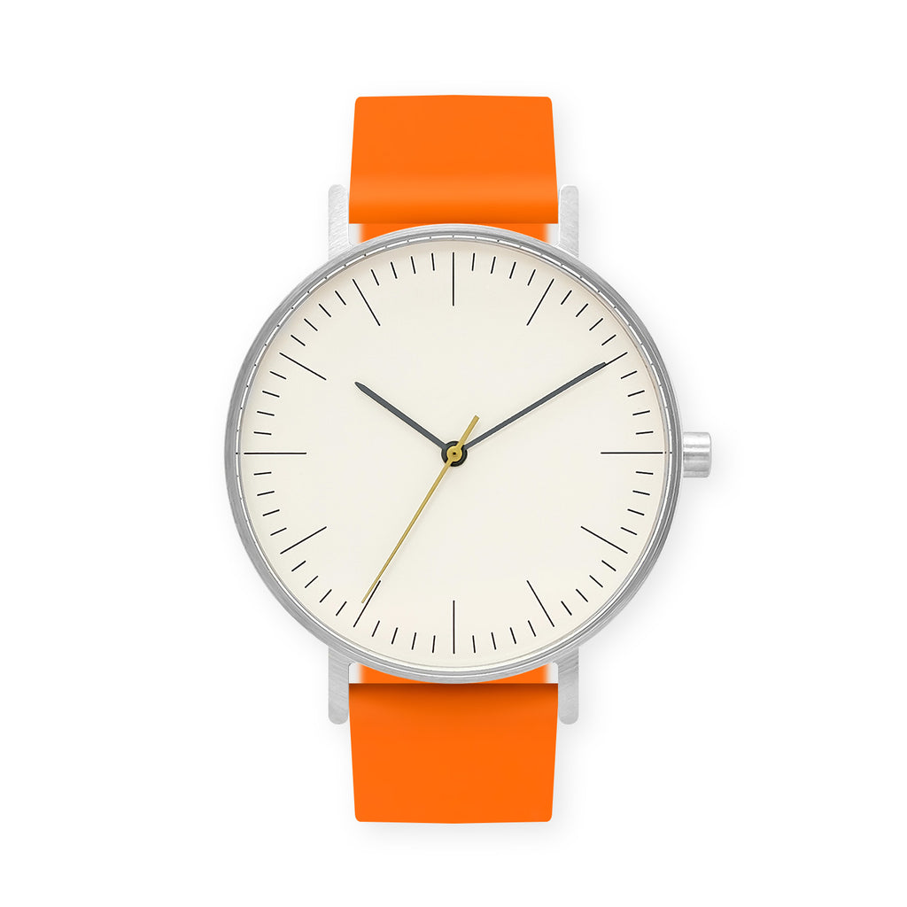 B001 Watch, Silver Case, Off White Dial, Rubber Strap - 0014-Orange