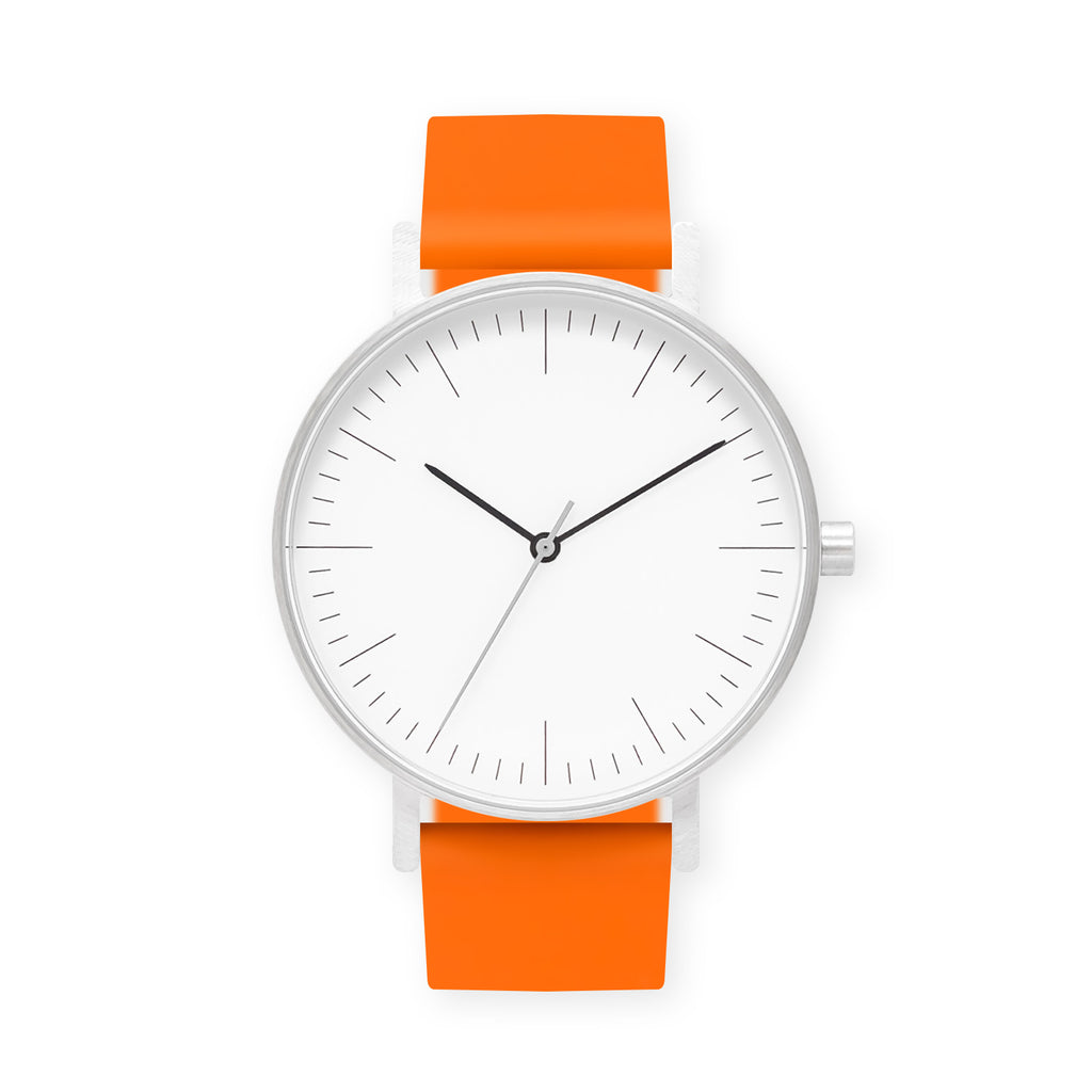 B001 Watch, Silver Case, White Dial, Rubber Strap - 0014-Orange