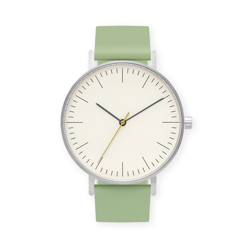 B001 Watch, Silver Case, Off White Dial, Rubber Strap - 0018-Mint Green