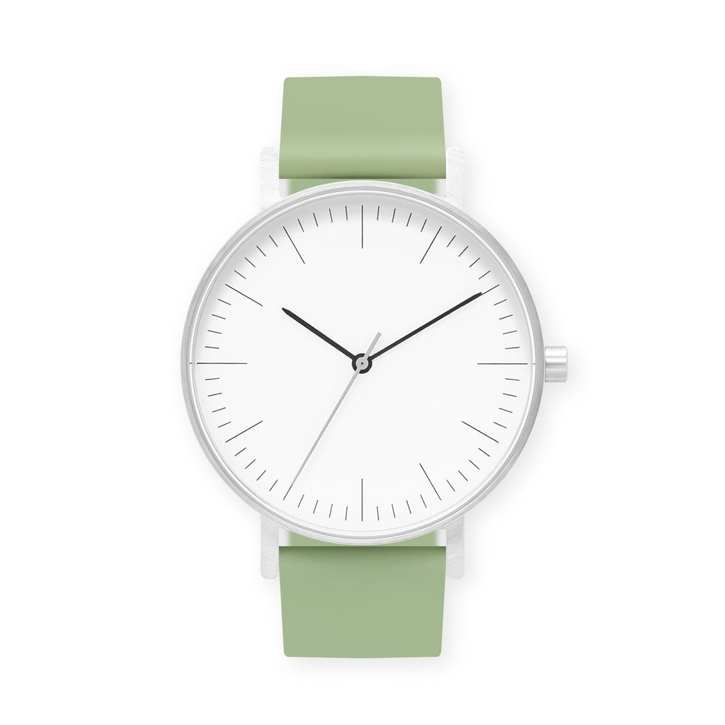 B001 Watch, Silver Case, White Dial, Rubber Strap - 0018-Mint Green