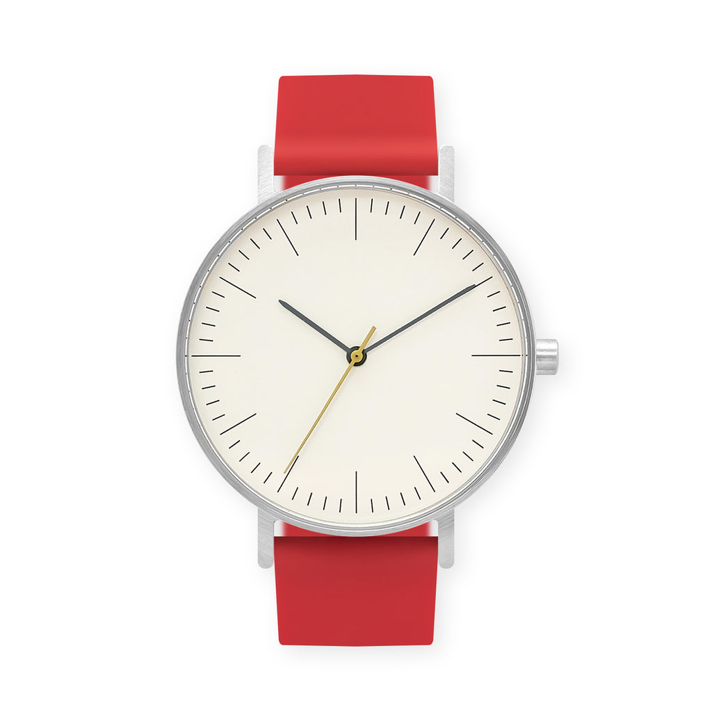 B001 Watch, Silver Case, Off White Dial, Rubber Strap - 0021-Red