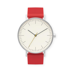 B001 Watch, Silver Case, Off White Dial, Silicone Strap - 0021-Red - BIJOUONE