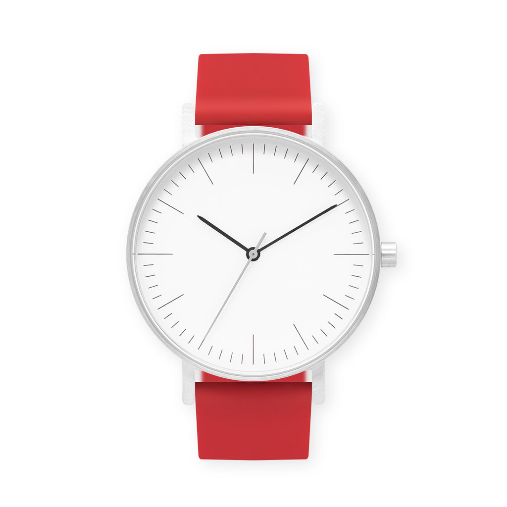 B001 Watch, Silver Case, White Dial, Rubber Strap - 0021-Red