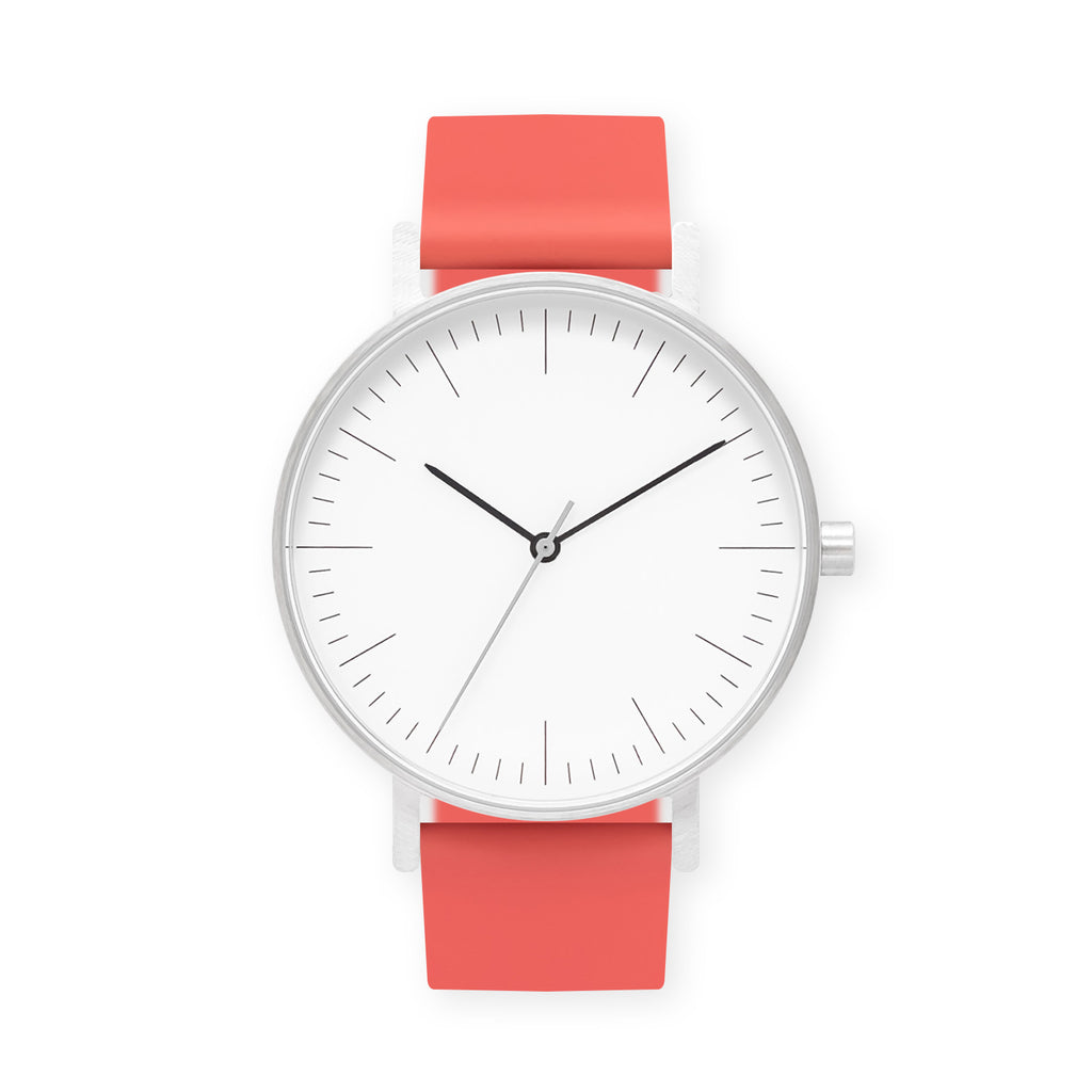 B001 Watch, Silver Case, White Dial, Rubber Strap - 0020-Salmon