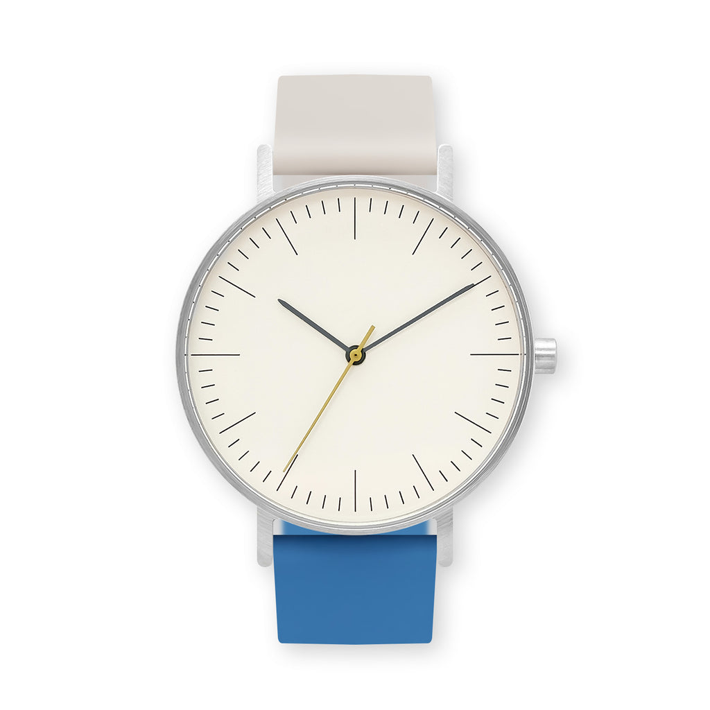B001 Watch, Silver Case, Off White Dial, Two-tone Rubber Strap - 0506-Ivory/Blue