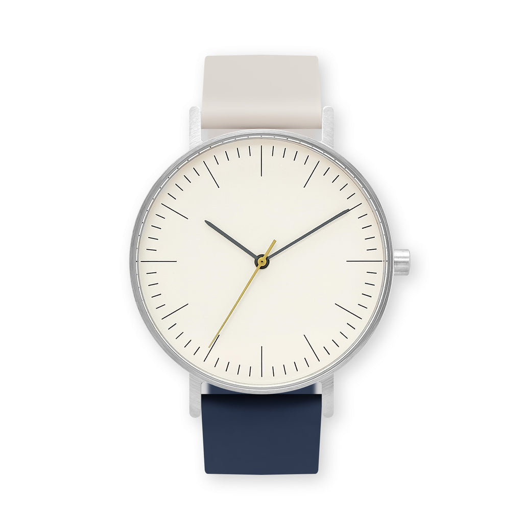 B001 Watch, Silver Case, Off White Dial, Two-tone Rubber Strap - 0513-Ivory/Midnight Blue