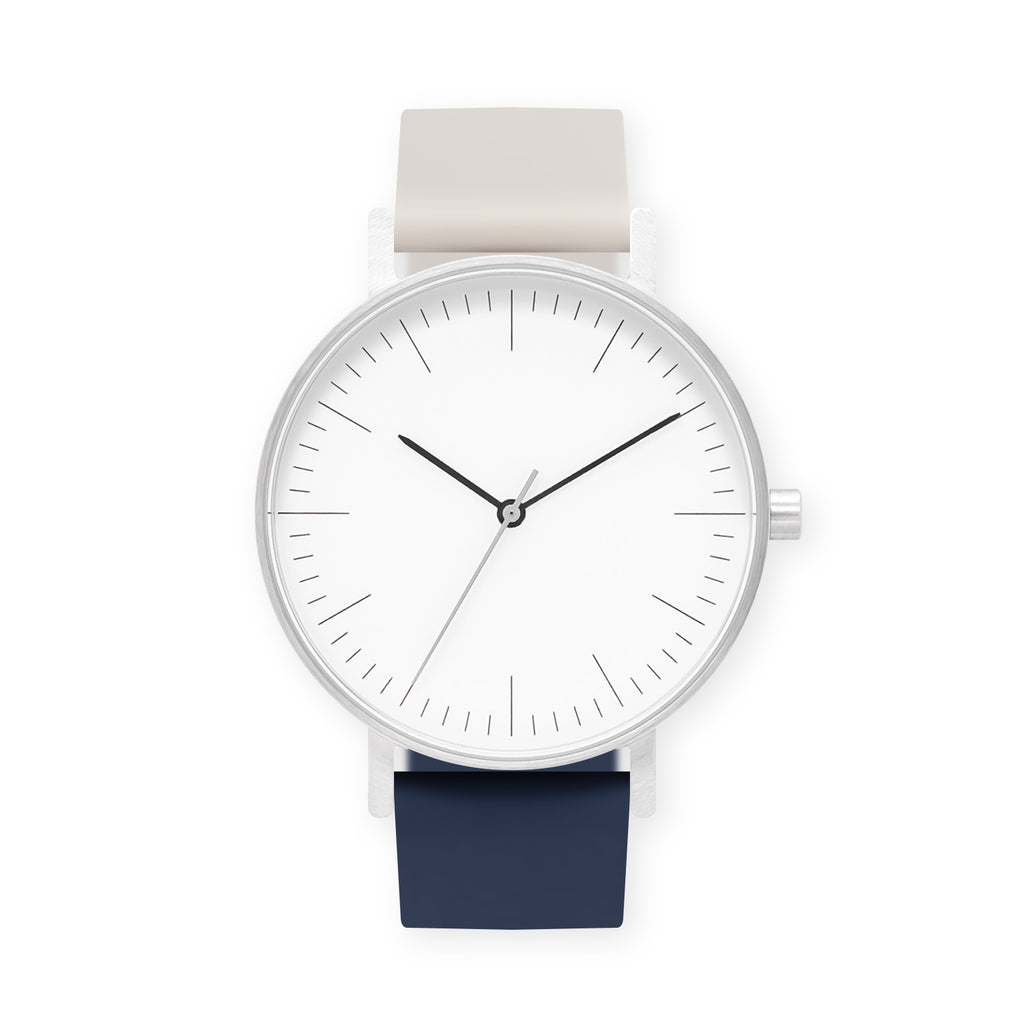B001 Watch, Silver Case, White Dial, Two-tone Rubber Strap - 0513-Ivory/Midnight Blue