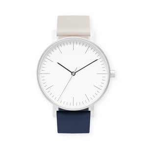 B001 Watch, Silver Case, White Dial, Two-tone Silicone Strap - 0513-Ivory/Midnight Blue - BIJOUONE