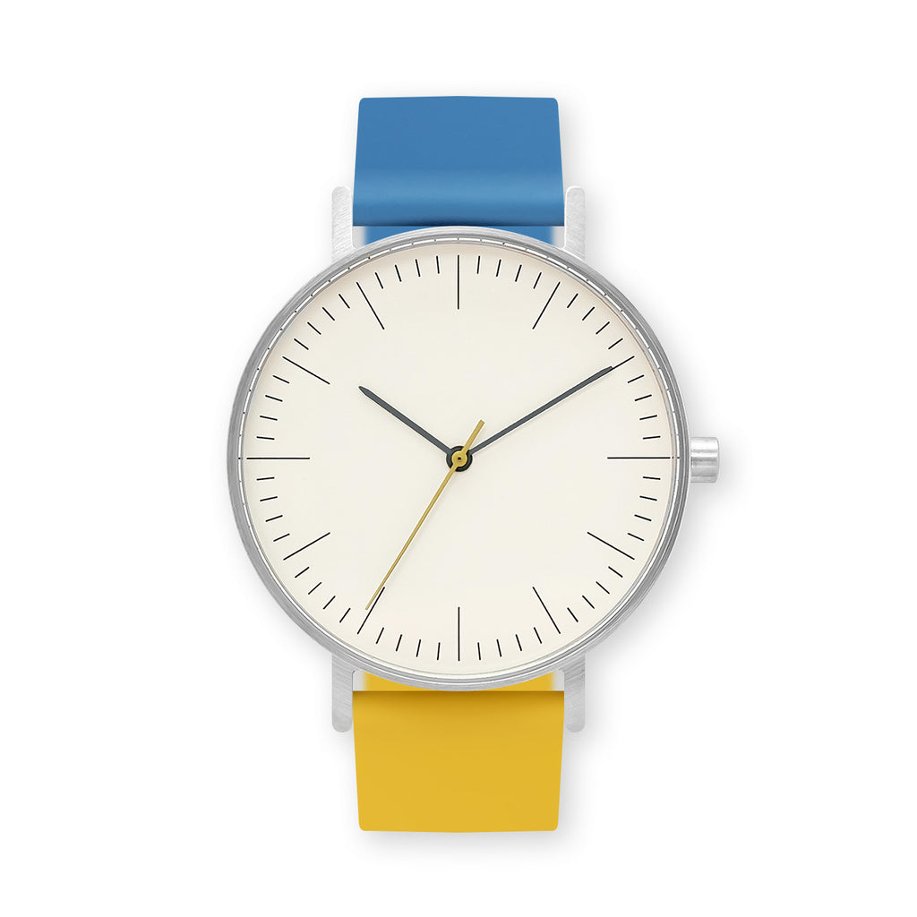 B001 Watch, Silver Case, Off White Dial, Two-tone Rubber Strap - 0610-Blue/Lemon