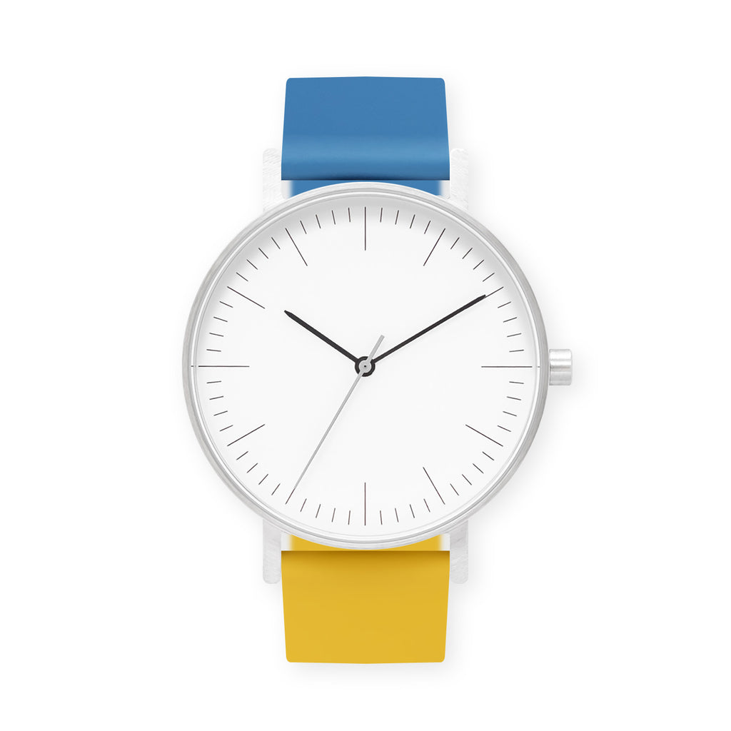 B001 Watch, Silver Case, White Dial, Two-tone Rubber Strap - 0610-Blue/Lemon