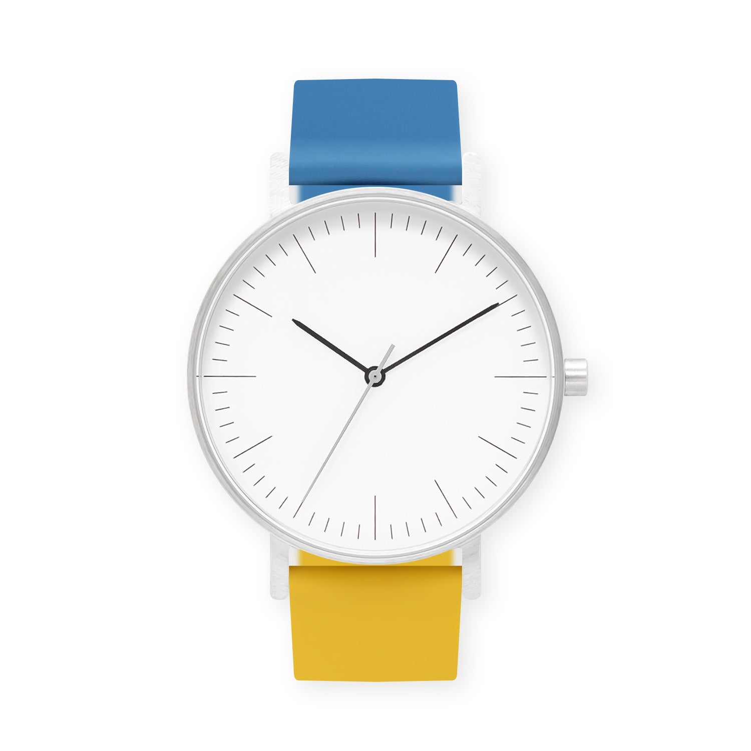 B001 Watch, Silver Case, White Dial, Two-tone Silicone Strap - 0610-Blue/Lemon - BIJOUONE