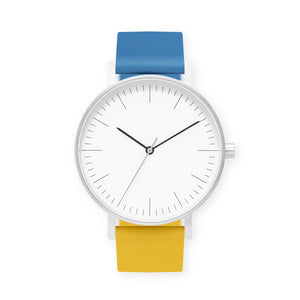 B001 Watch, Silver Case, White Dial, Two-tone Silicone Strap - 0610-Blue/Lemon - BIJOUONE