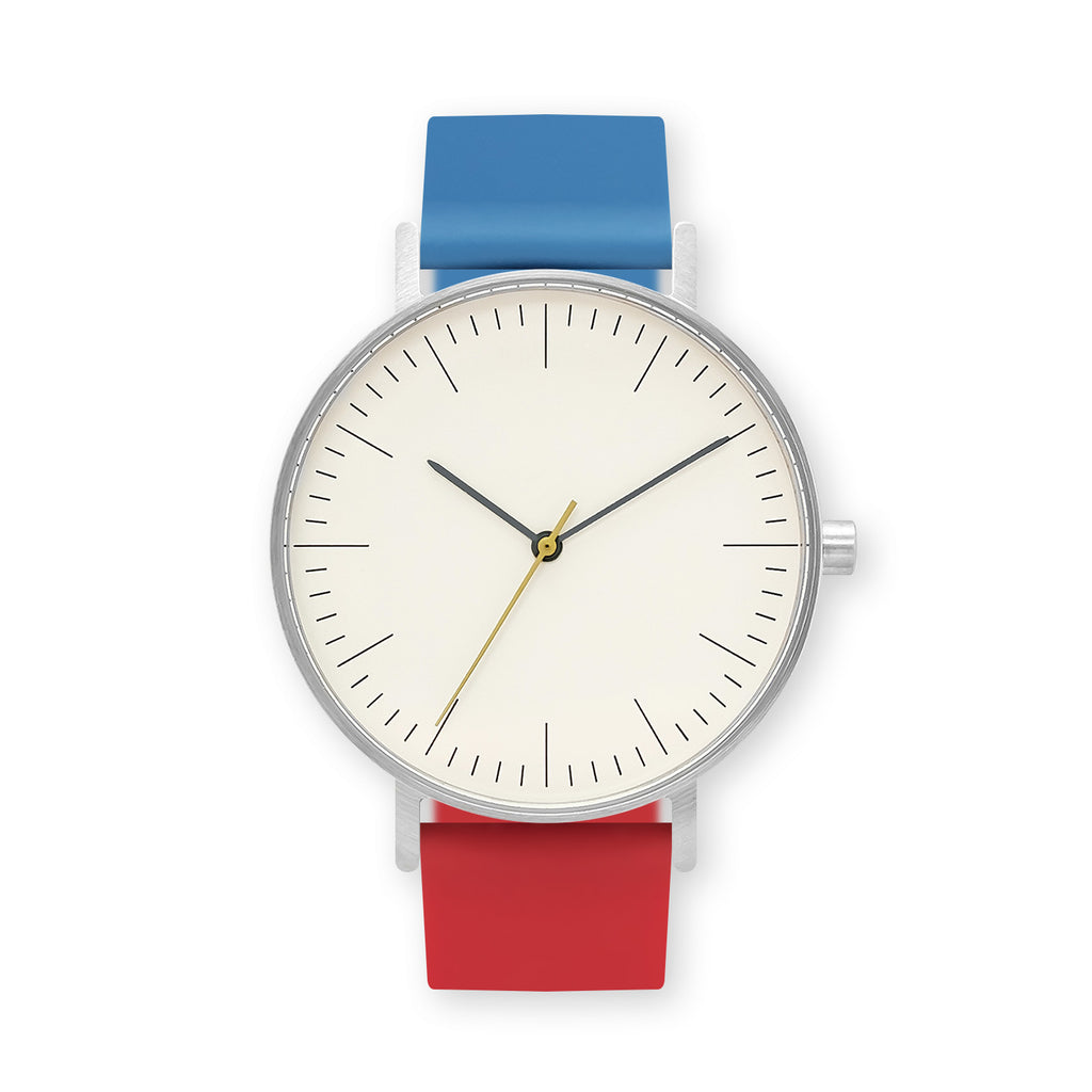 B001 Watch, Silver Case, Off White Dial, Two-tone Rubber Strap - 0619-Blue/Red