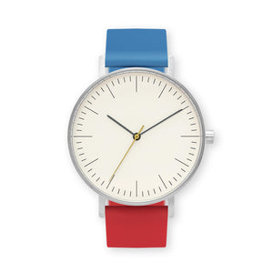 B001 Watch, Silver Case, Off White Dial, Two-tone Silicone Strap - 0619-Blue/Red