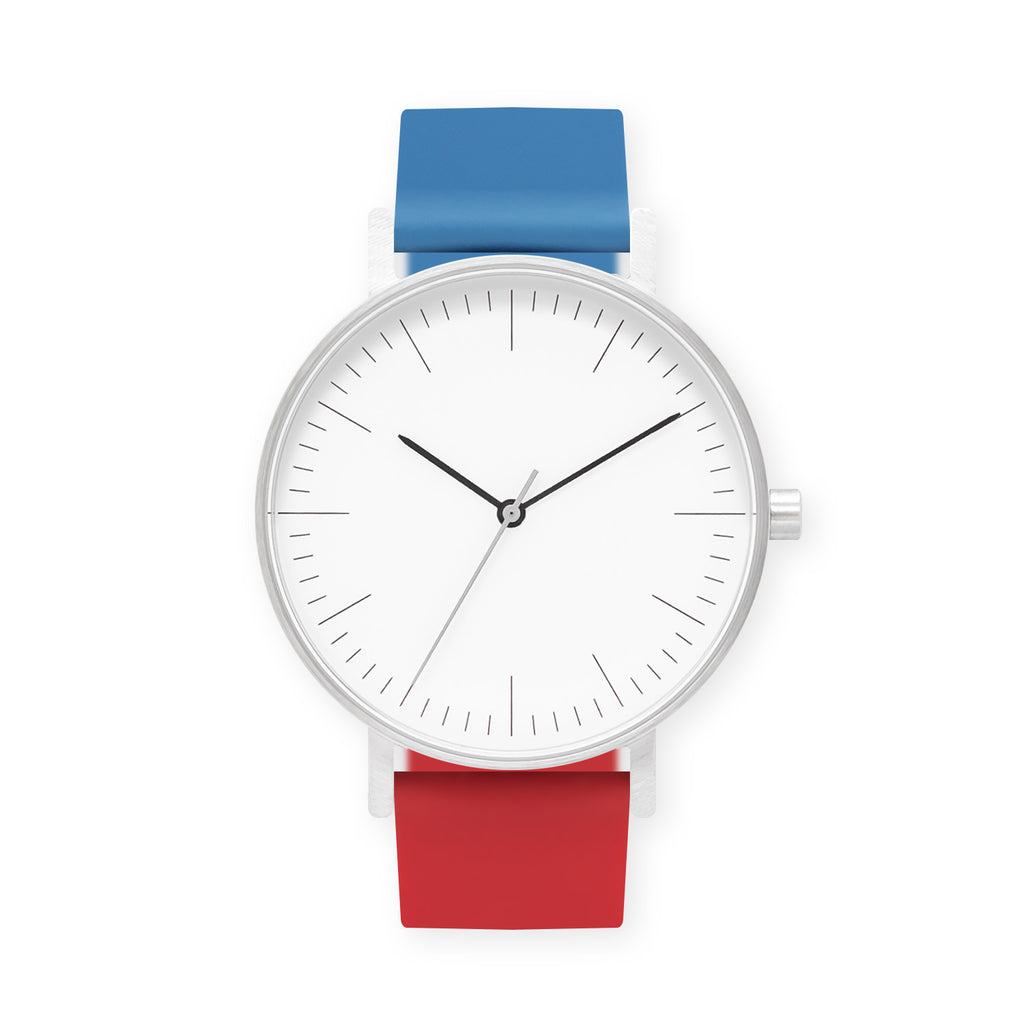 B001 Watch, Silver Case, White Dial, Two-tone Rubber Strap - 0619-Blue/Red