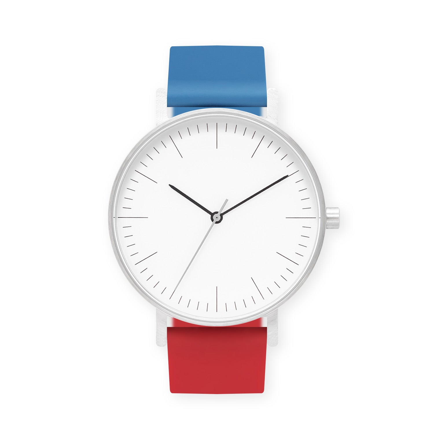 B001 Watch, Silver Case, White Dial, Two-tone Silicone Strap - 0619-Blue/Red - BIJOUONE