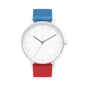 B001 Watch, Silver Case, White Dial, Two-tone Silicone Strap - 0619-Blue/Red - BIJOUONE